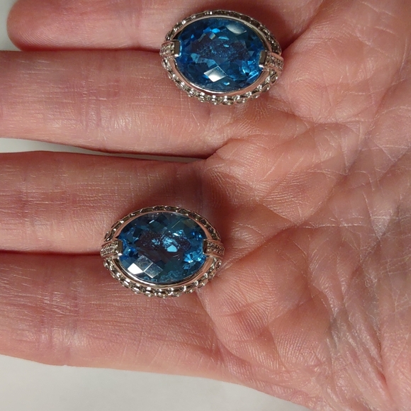 Hold For Sara- Blue Topaz earrings 14kt white gold, channel set diamonds, French - Picture 2 of 9